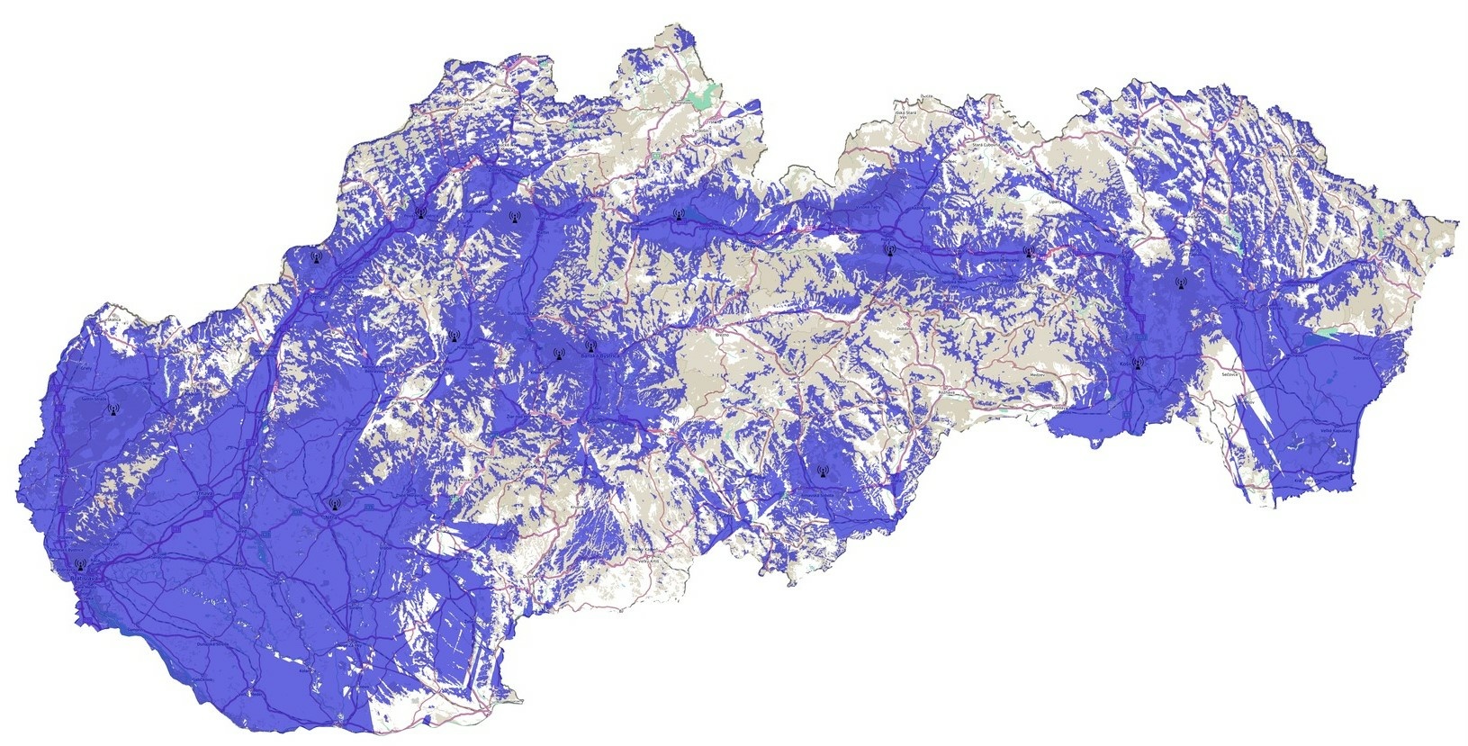 Mapa pokrytia DAB+ na Slovensku - plánovaný rozvoj