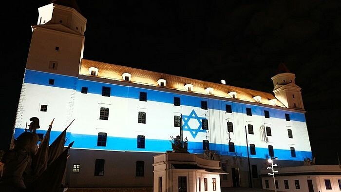 Bratislava Castle lit up in colours of Israel on Sunday Evening